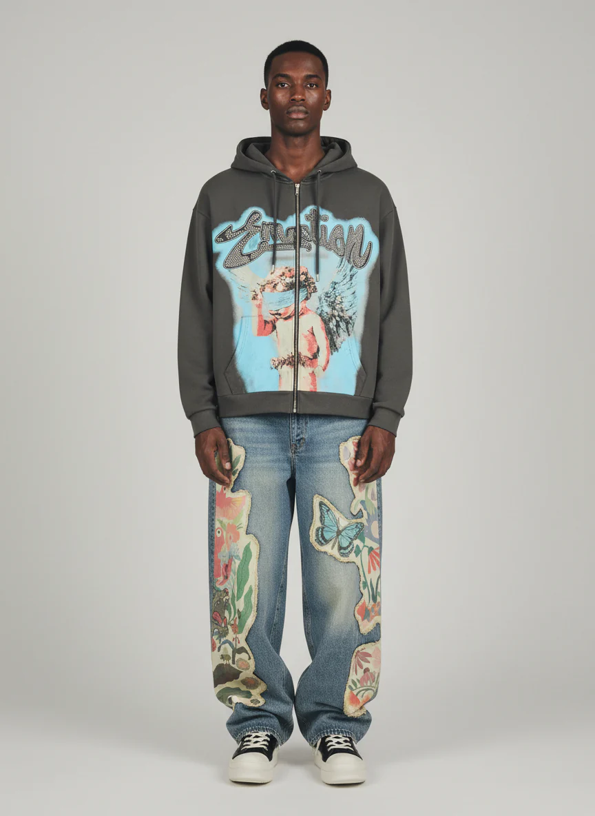 Vintage Blindfolded Angel Rhinestone Zip-Up Hoodie - Image 3