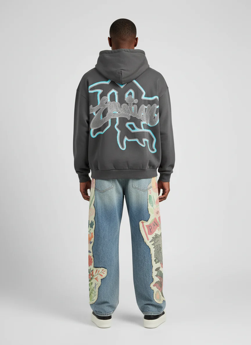 Vintage Blindfolded Angel Rhinestone Zip-Up Hoodie - Image 4