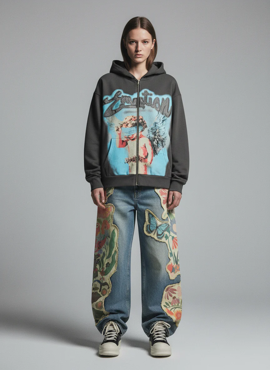 Vintage Blindfolded Angel Rhinestone Zip-Up Hoodie - Image 5