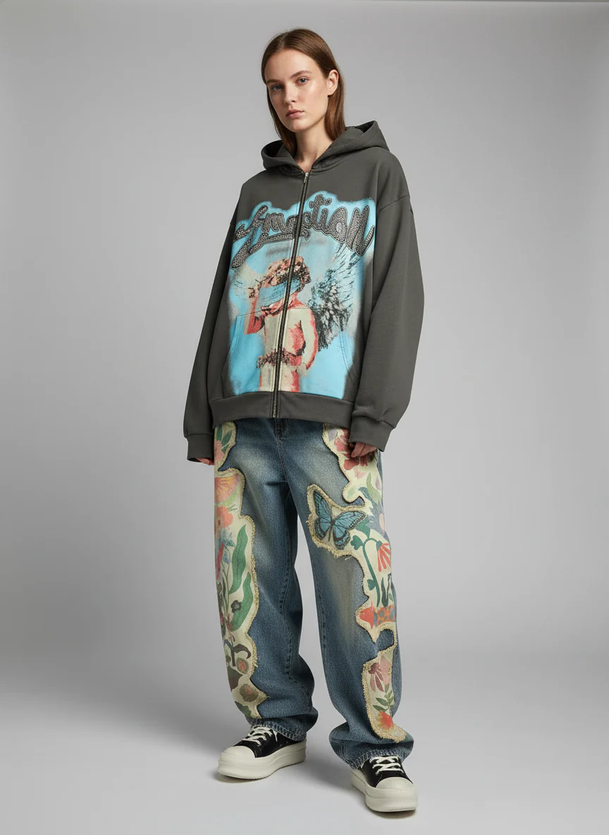 Vintage Blindfolded Angel Rhinestone Zip-Up Hoodie - Image 6