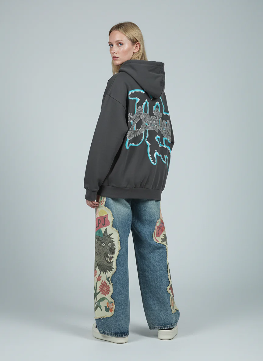 Vintage Blindfolded Angel Rhinestone Zip-Up Hoodie - Image 7