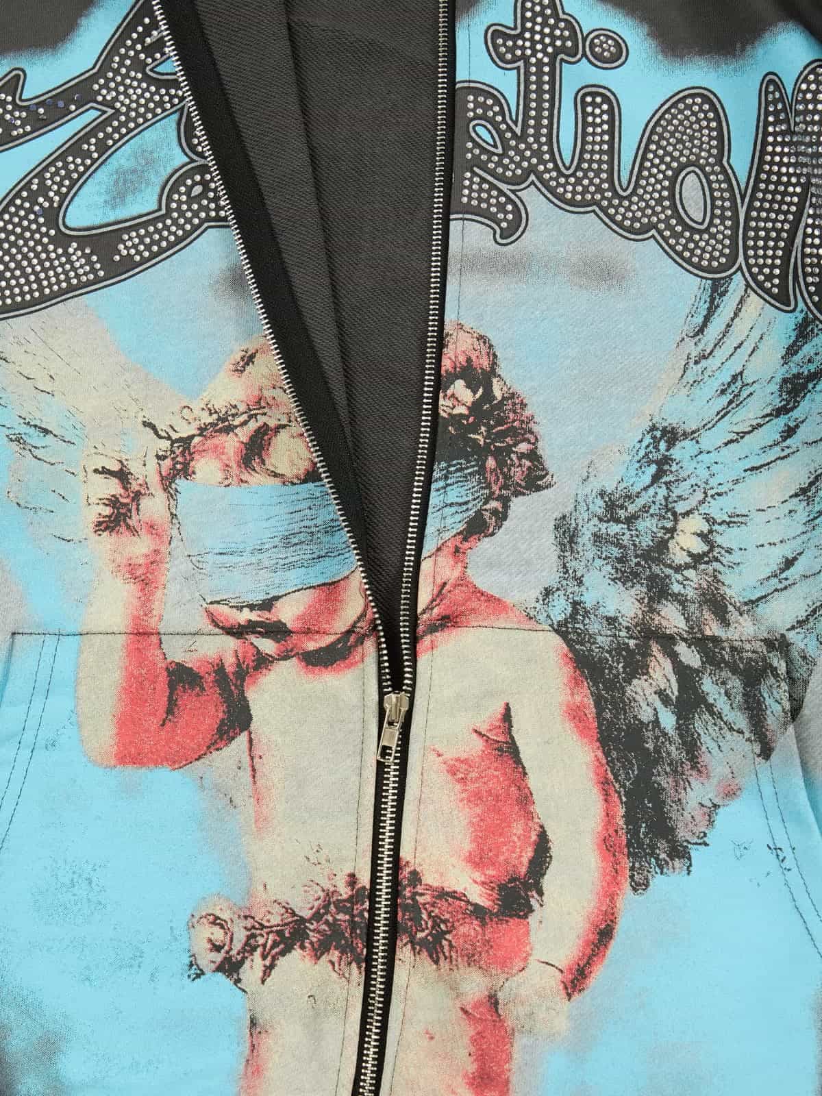 Vintage Blindfolded Angel Rhinestone Zip-Up Hoodie - Image 9