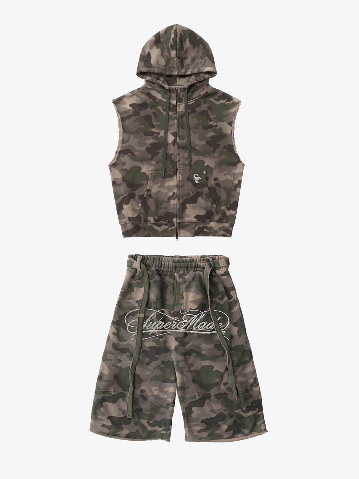 Vintage Camouflage Sleeveless Zip-Up Hoodie Set