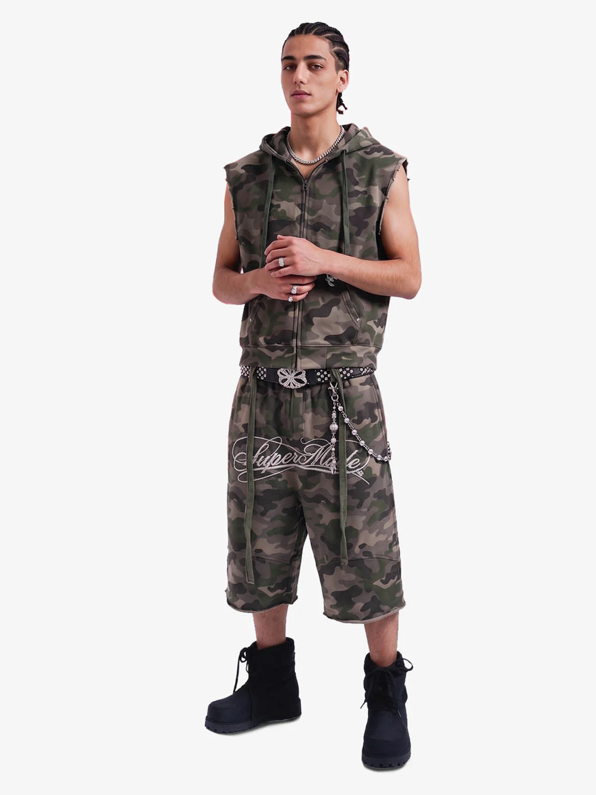 Vintage Camouflage Sleeveless Zip-Up Hoodie Set - Image 3