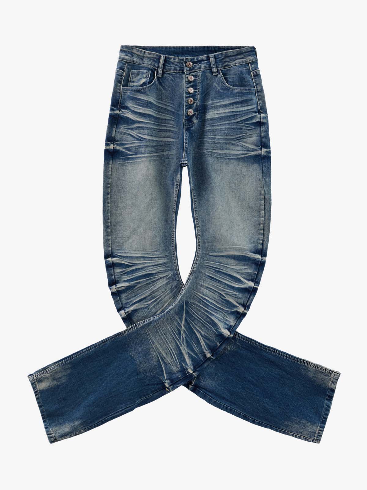 Vintage Distressed Button Fly Ruched Panel Flared Jeans - Image 11