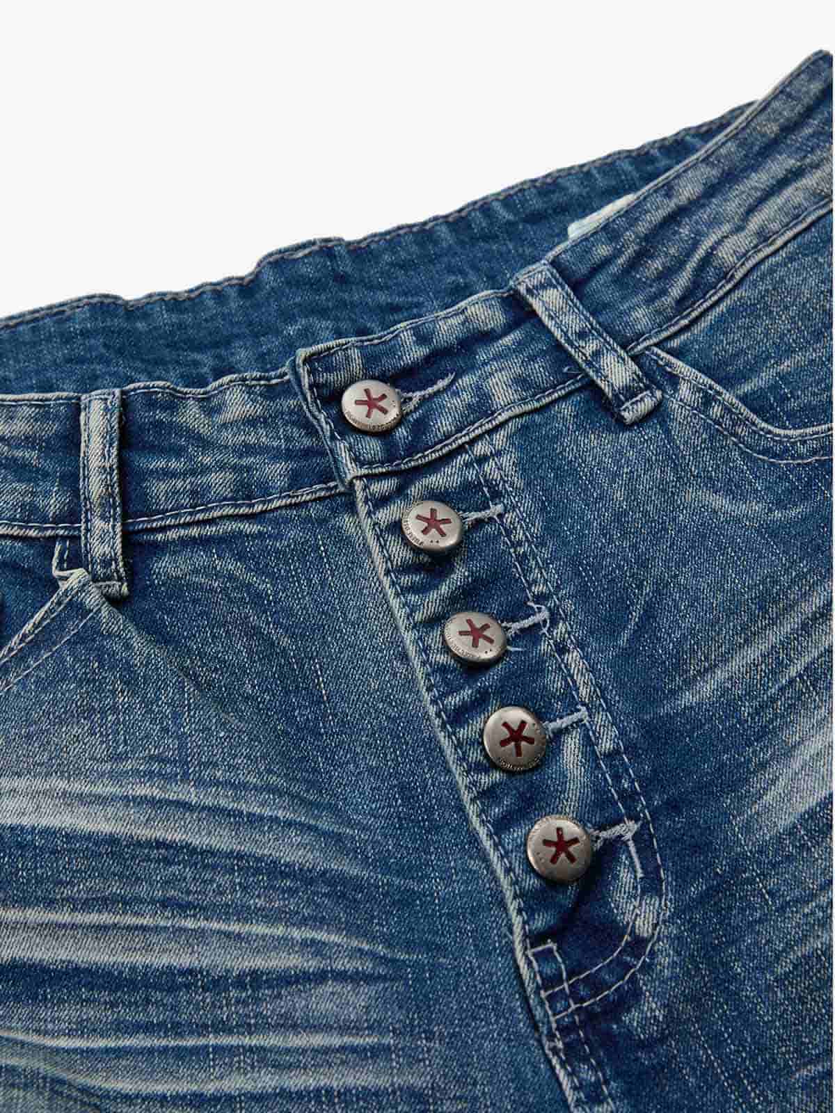 Vintage Distressed Button Fly Ruched Panel Flared Jeans - Image 18