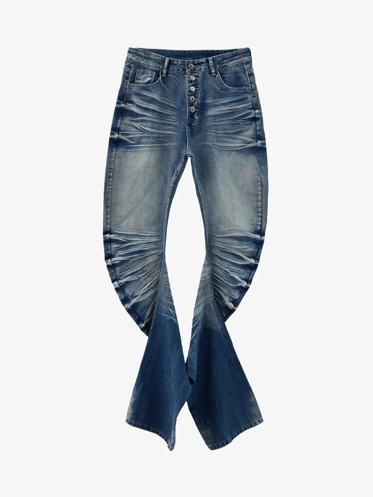 Vintage Distressed Button Fly Ruched Panel Flared Jeans - Image 6