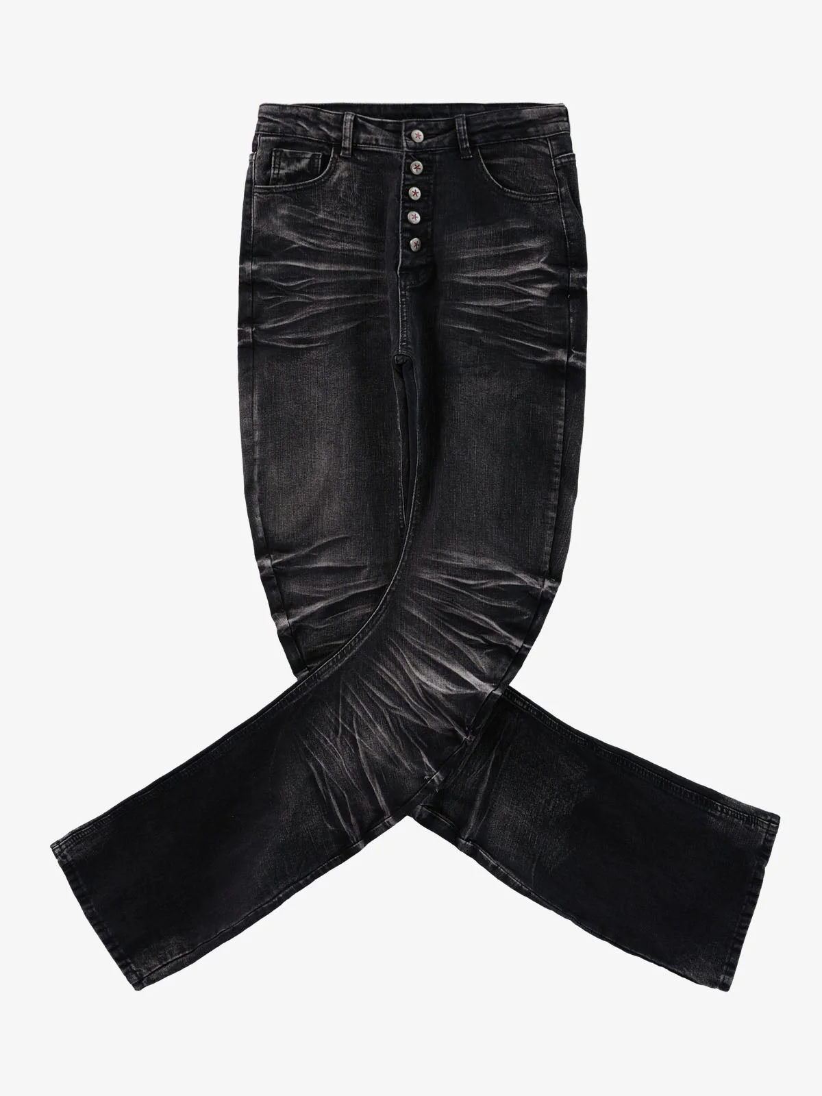 Vintage Distressed Button Fly Ruched Panel Flared Jeans - Image 8