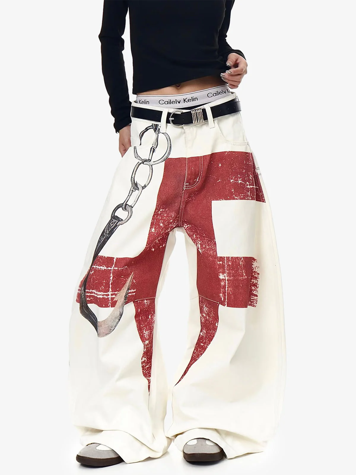Vintage Distressed Chain Print Oversized Canvas Baggy Pants - Image 12
