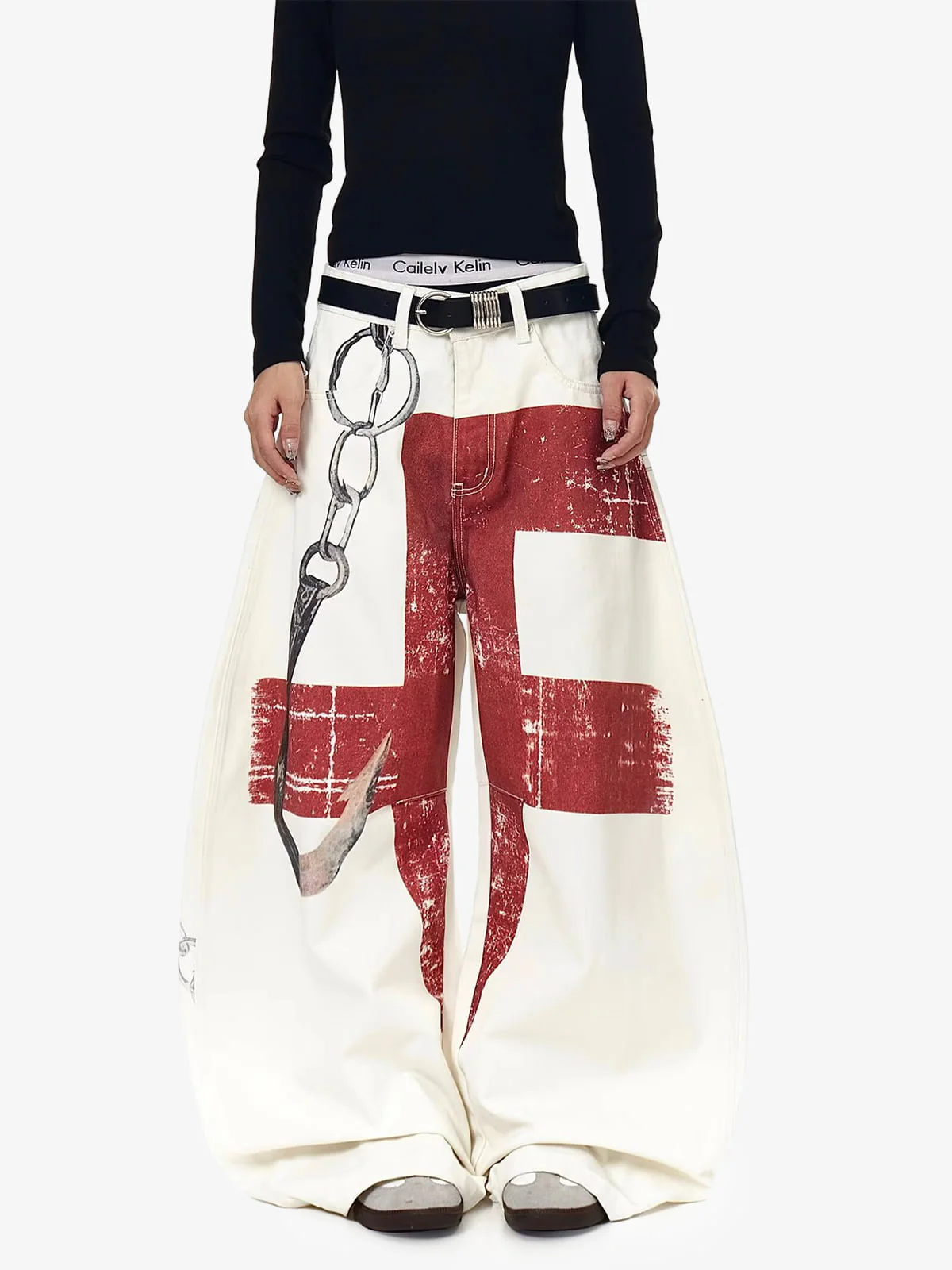 Vintage Distressed Chain Print Oversized Canvas Baggy Pants - Image 6