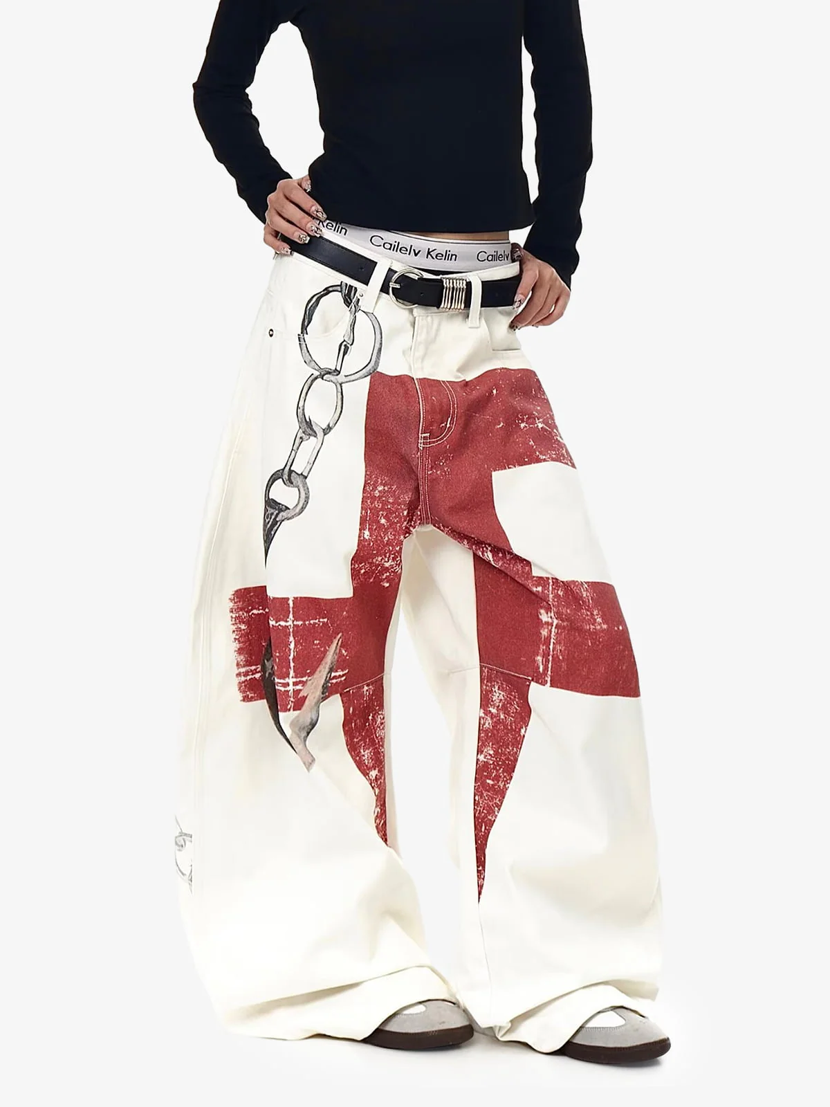 Vintage Distressed Chain Print Oversized Canvas Baggy Pants - Image 9