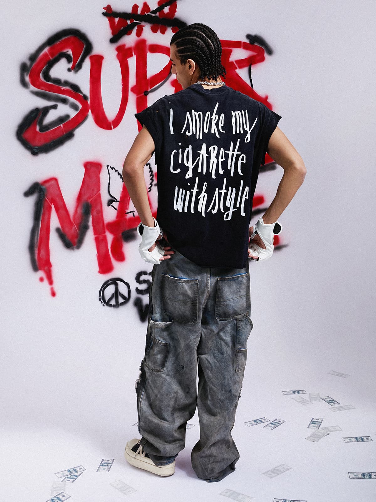 Vintage Distressed Hole Washed Letter Print Sleeveless Knit T-Shirt - Image 7