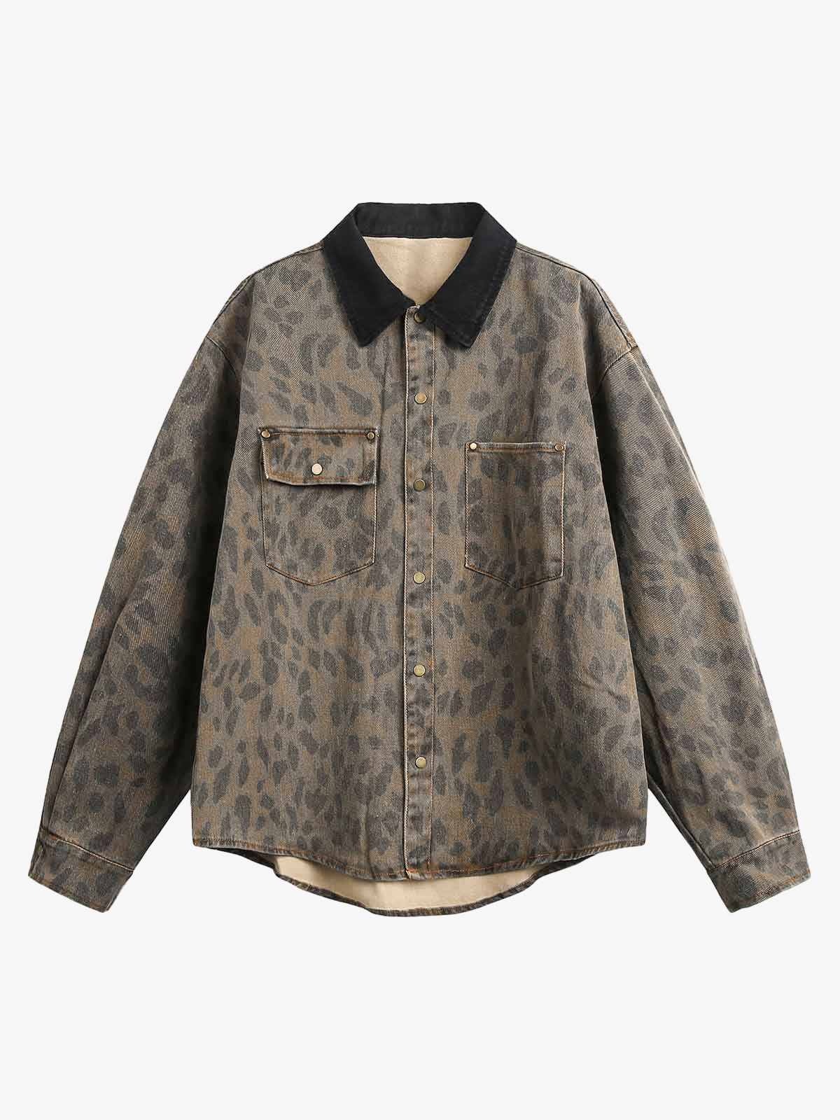 Vintage Distressed Cheetah Print Denim Shirt