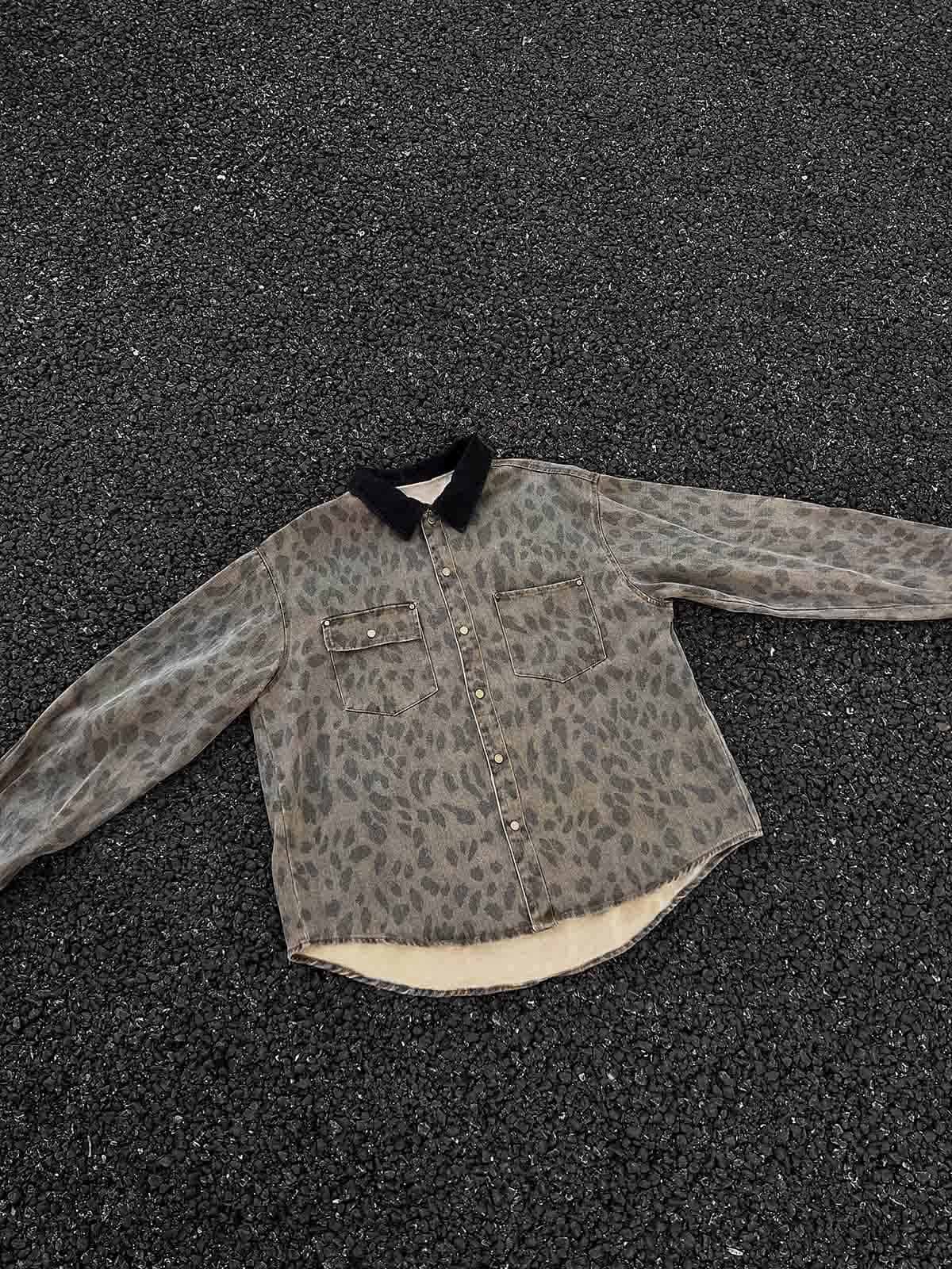 Vintage Distressed Cheetah Print Denim Shirt - Image 3