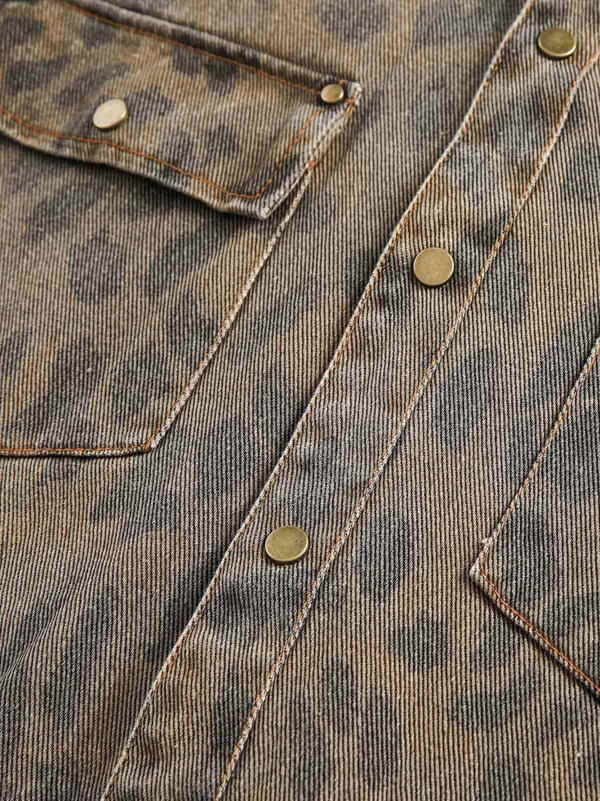 Vintage Distressed Cheetah Print Denim Shirt - Image 5