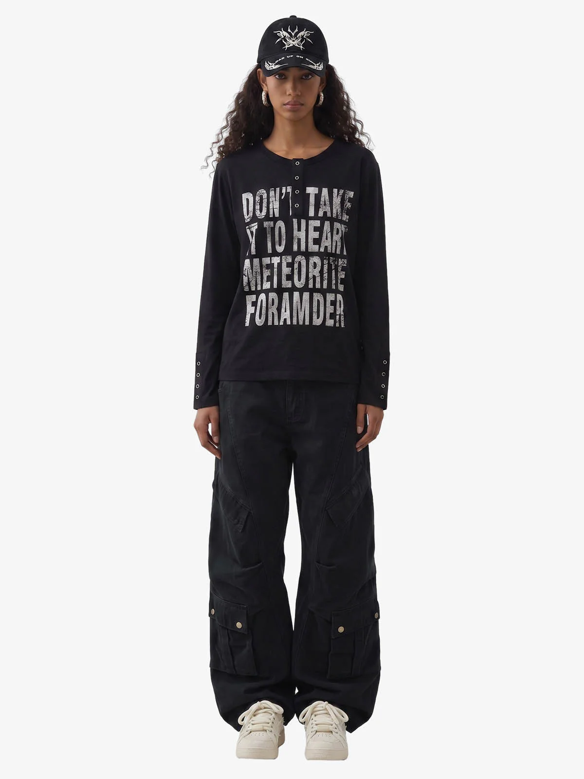 Vintage Grunge Text Print Henley Long Sleeve T-Shirt - Image 5