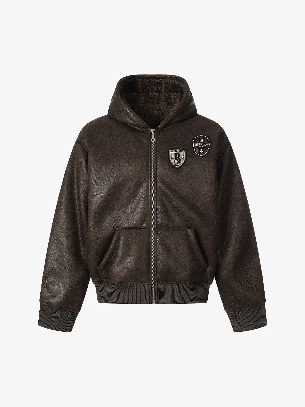 Vintage Leather Badge Fleece-lined Hooded Zip Bomber Jacket - 2547