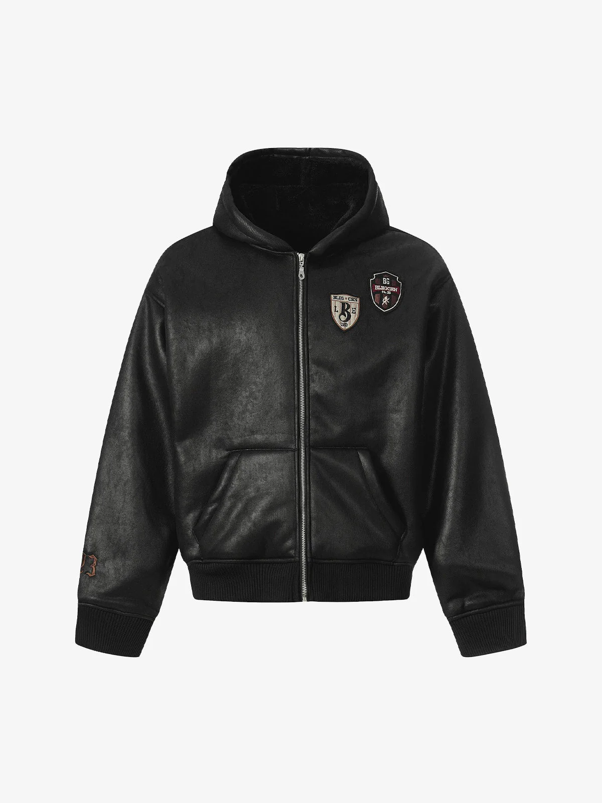 Vintage Leather Badge Fleece-lined Hooded Zip Bomber Jacket - 2547 - Image 2