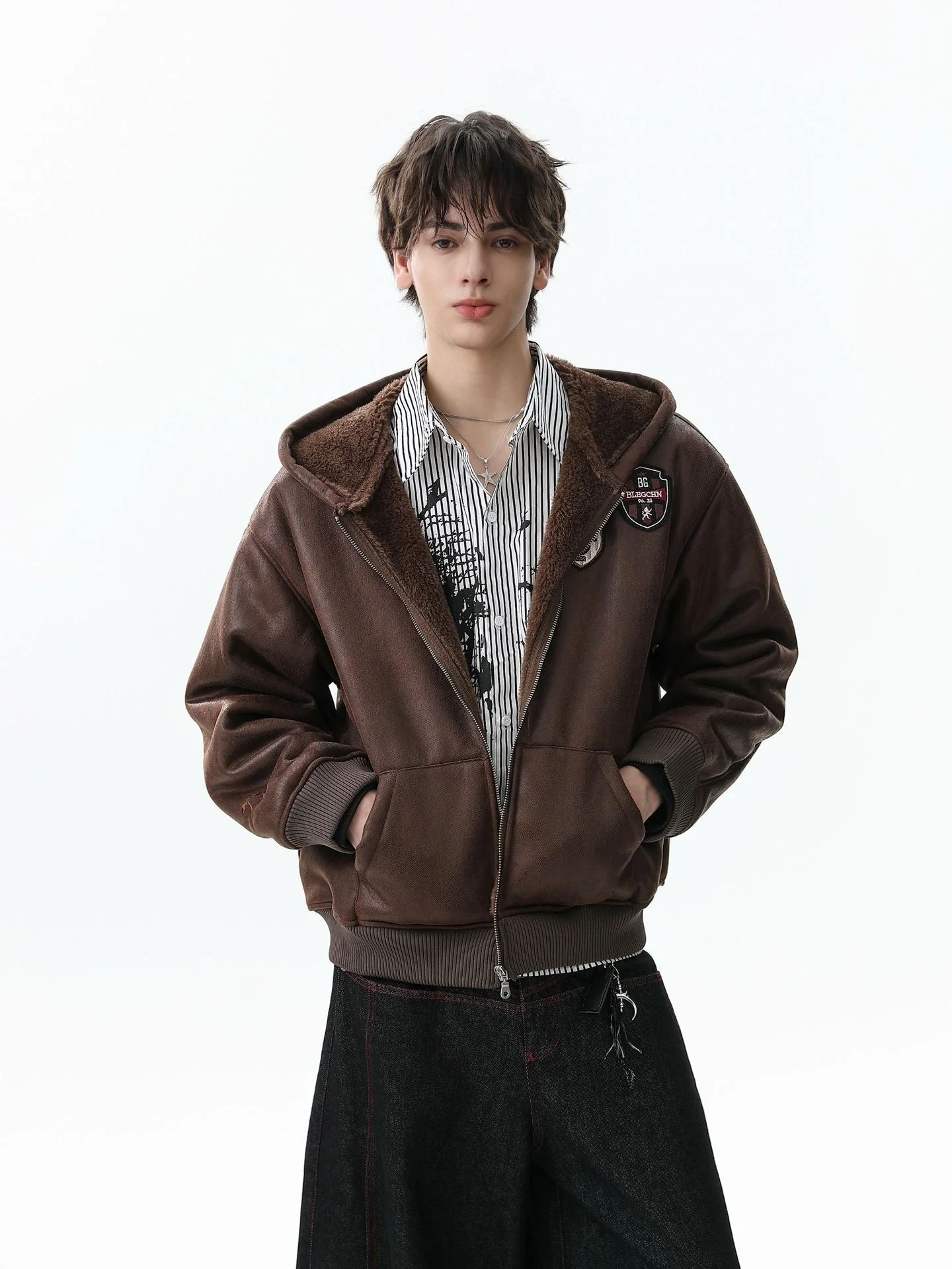 Vintage Leather Badge Fleece-lined Hooded Zip Bomber Jacket - 2547 - Image 5