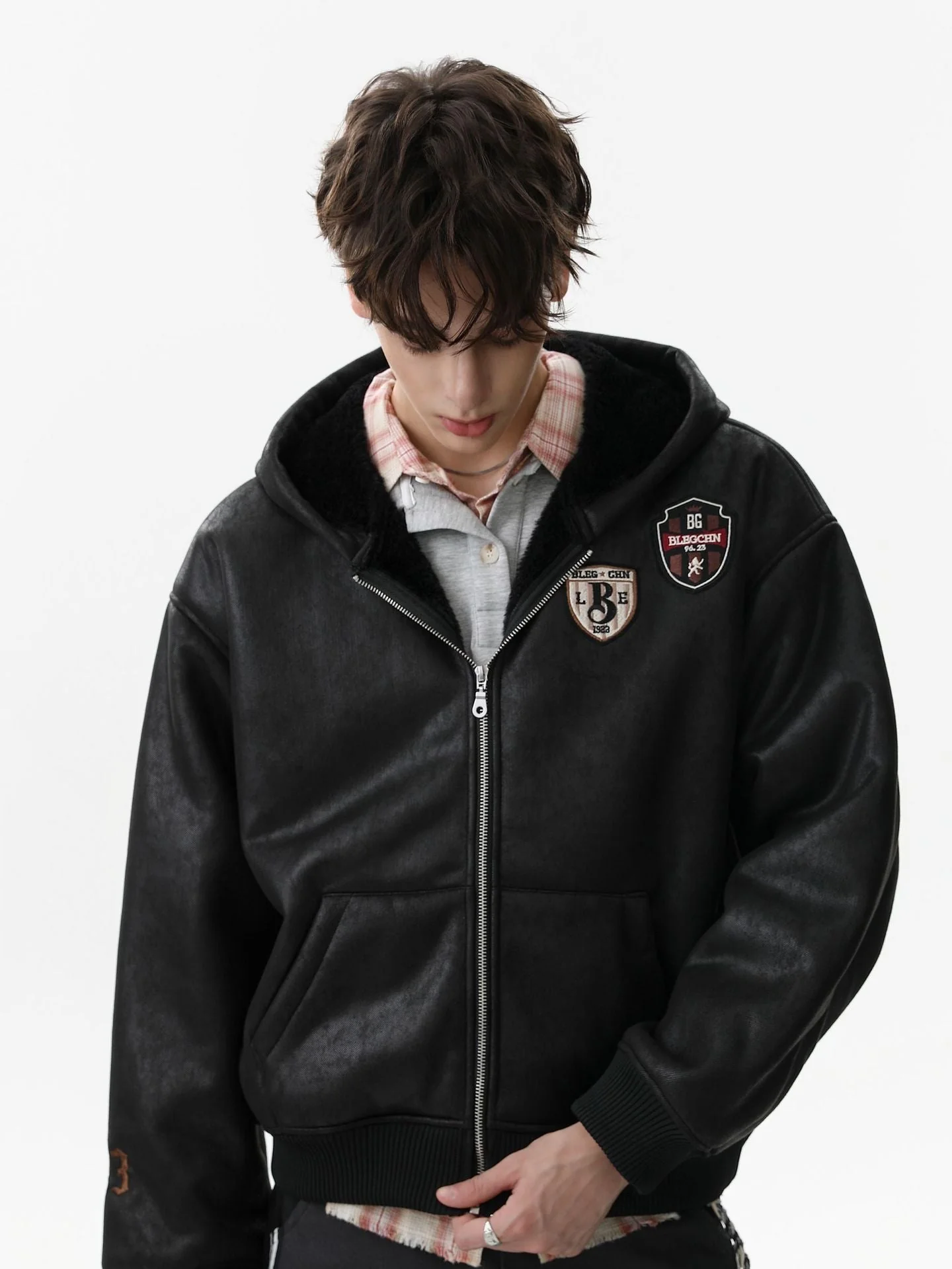 Vintage Leather Badge Fleece-lined Hooded Zip Bomber Jacket - 2547 - Image 8