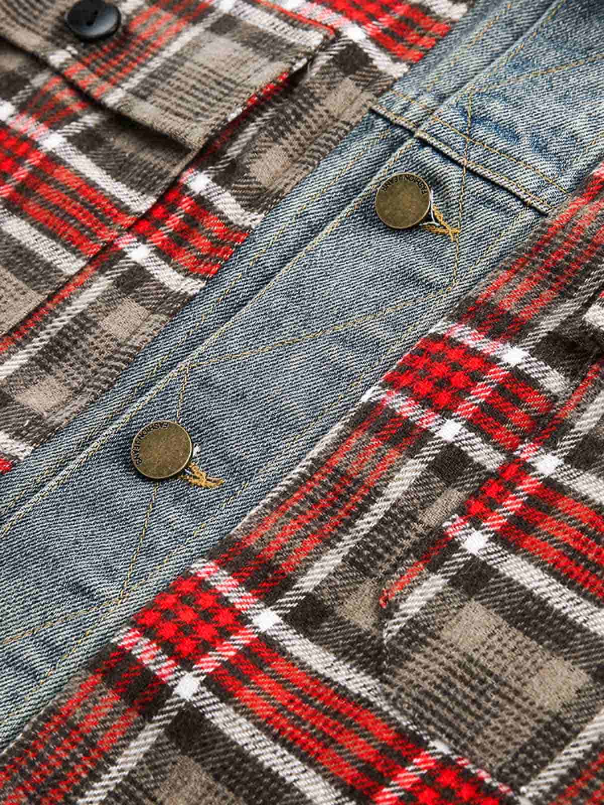 Vintage Plaid Patchwork Denim Panel Shirt - Image 7