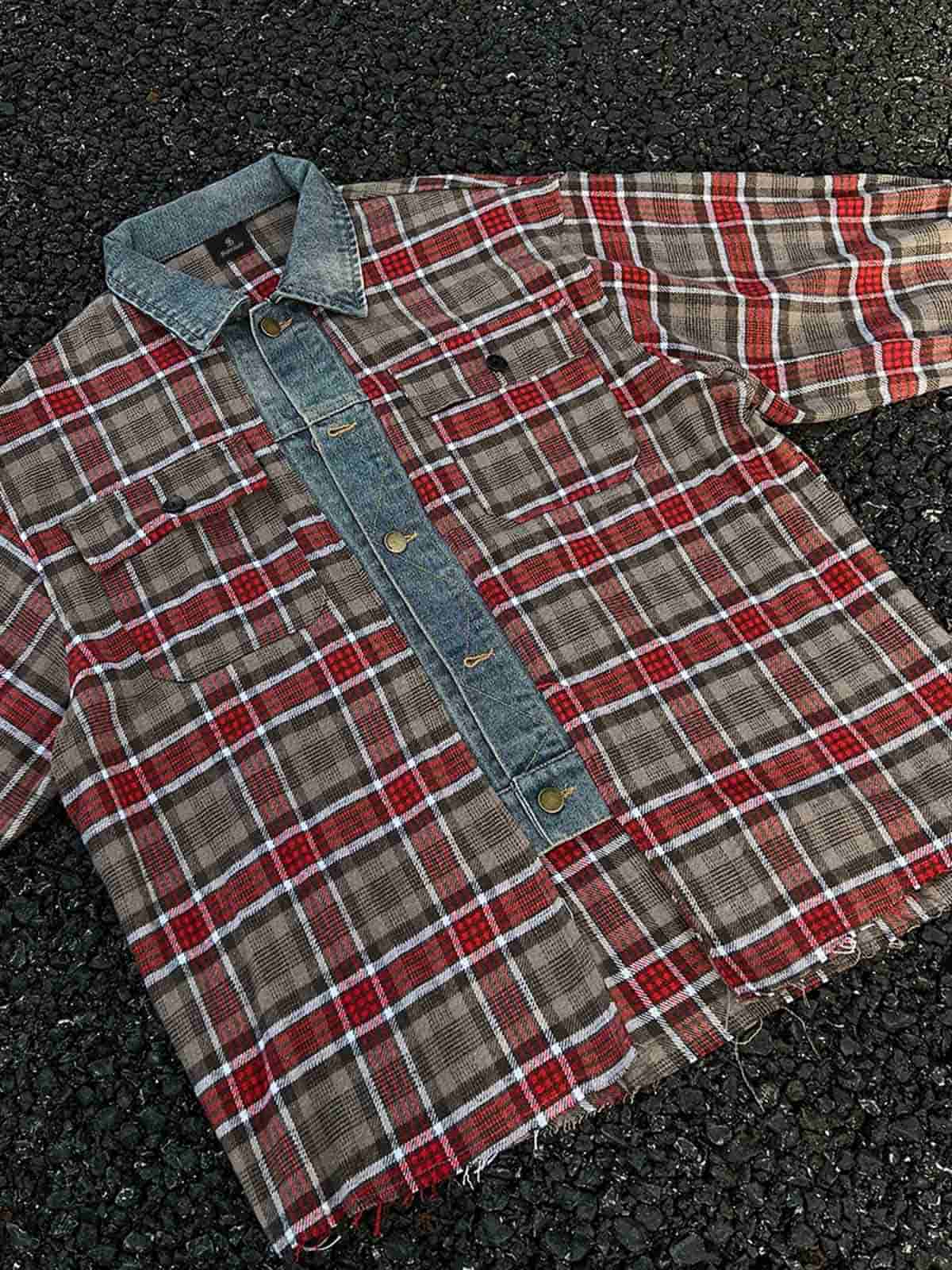 Vintage Plaid Patchwork Denim Panel Shirt - Image 8