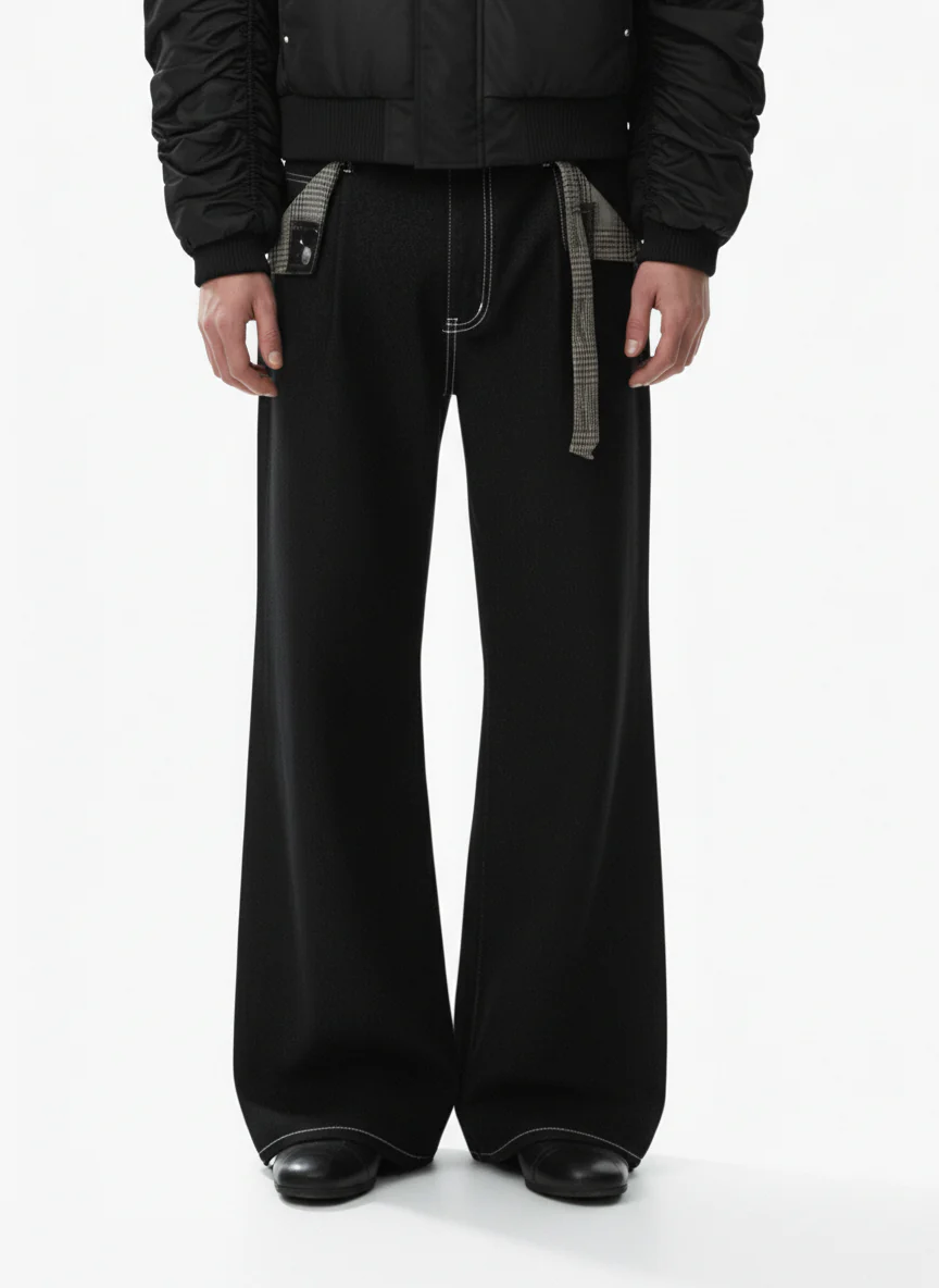 Vintage Plaid-Trim Tape-Belt Jeans