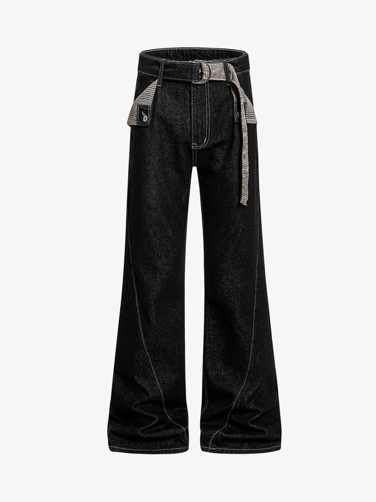 Vintage Plaid-Trim Tape-Belt Jeans - Image 2