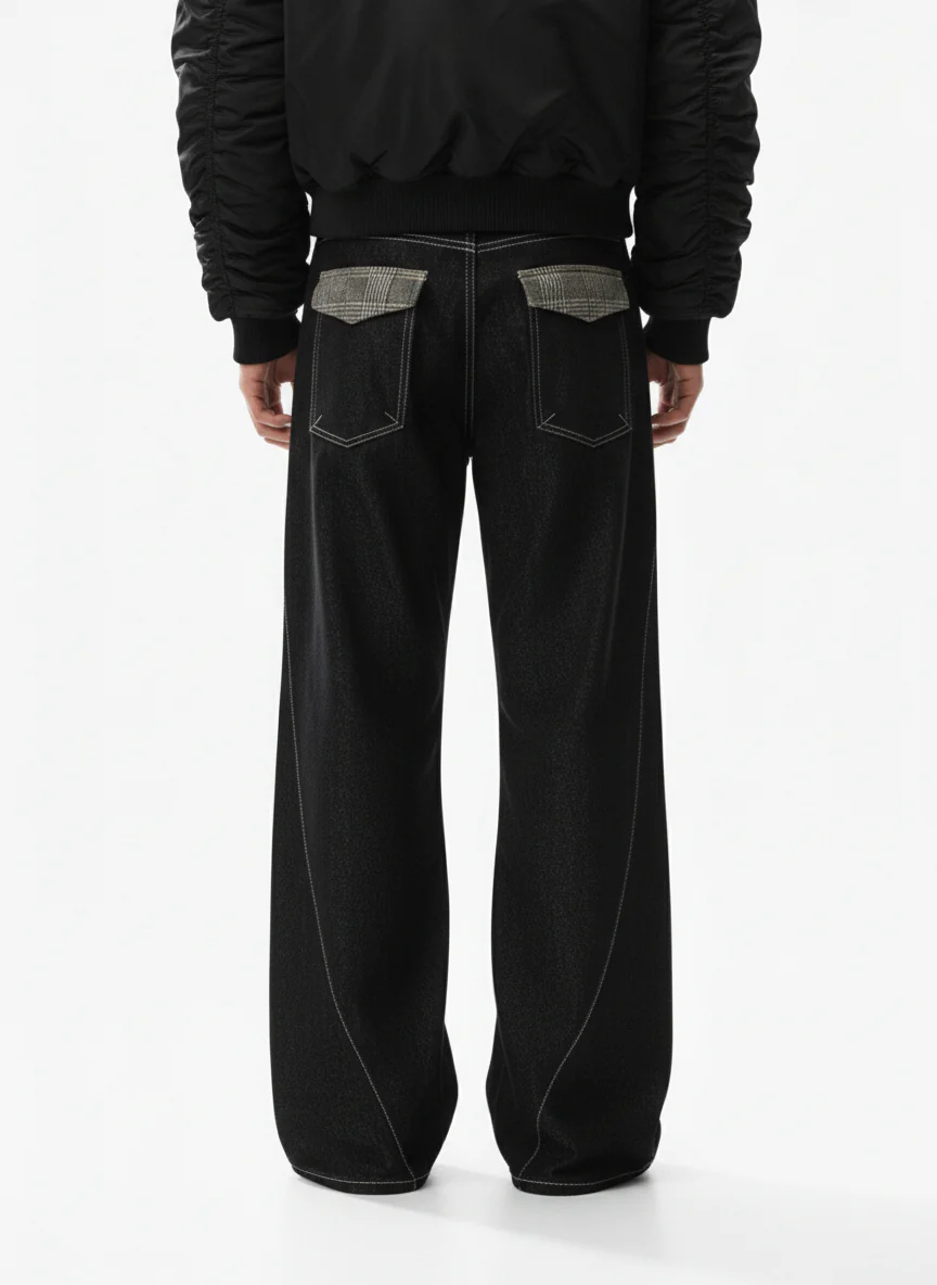 Vintage Plaid-Trim Tape-Belt Jeans - Image 3