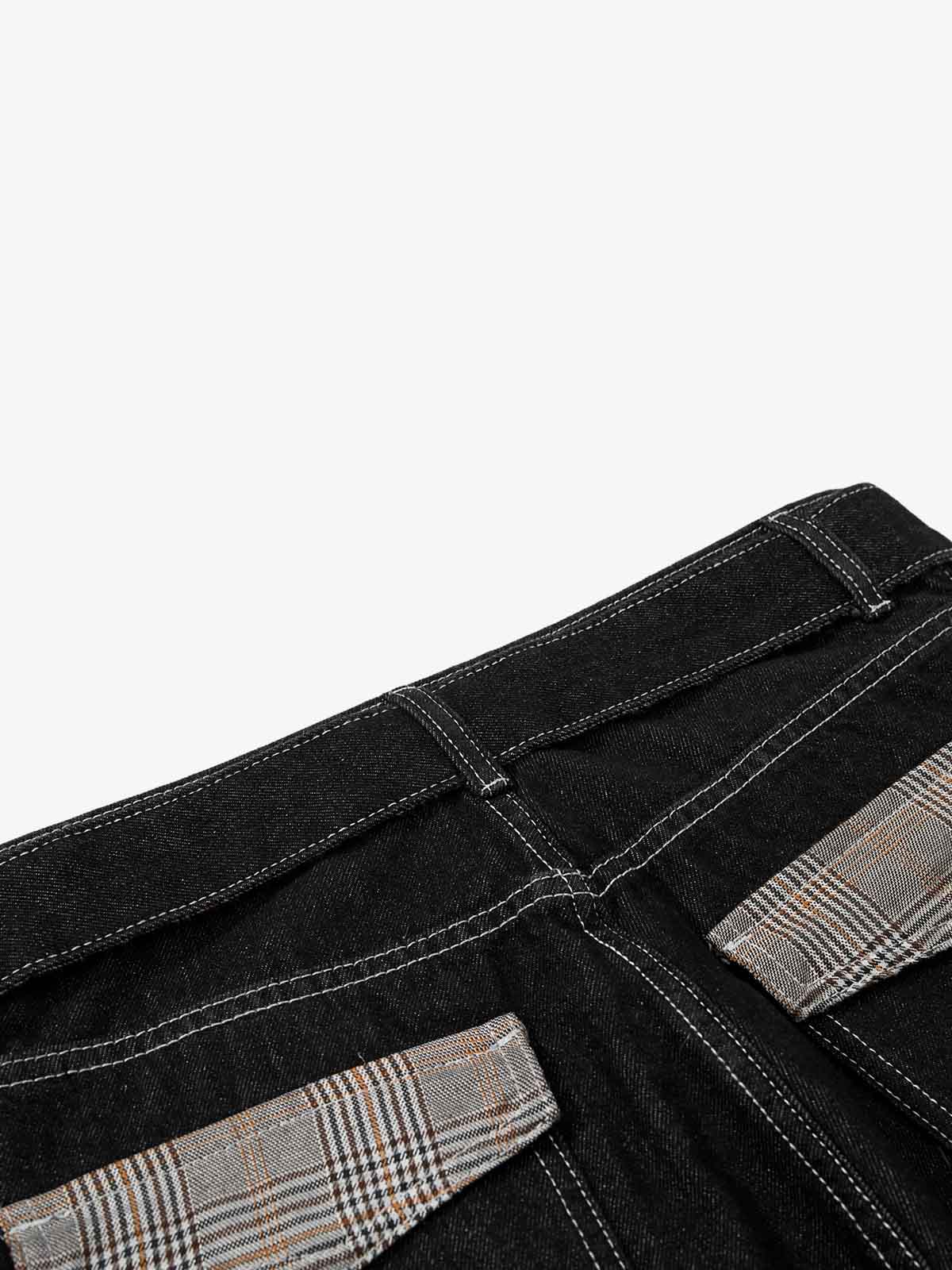 Vintage Plaid-Trim Tape-Belt Jeans - Image 8