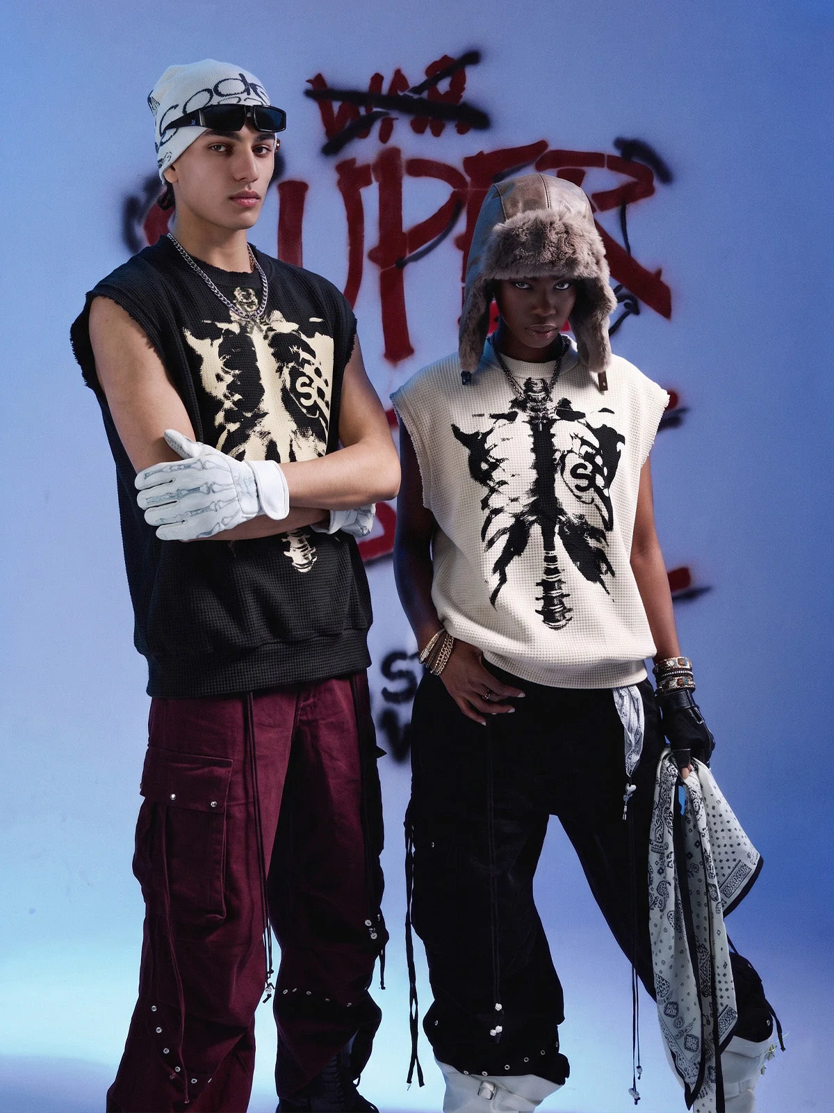 Vintage Skeleton Graphic Waffle Knit Sleeveless Vest