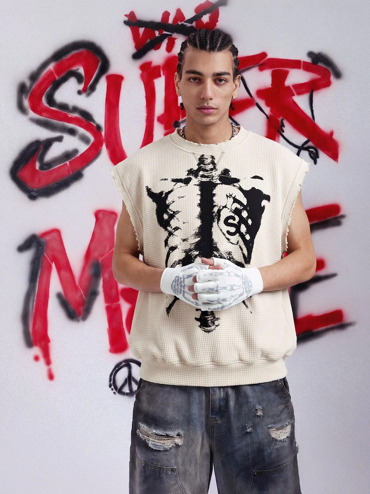 Vintage Skeleton Graphic Waffle Knit Sleeveless Vest - Image 3