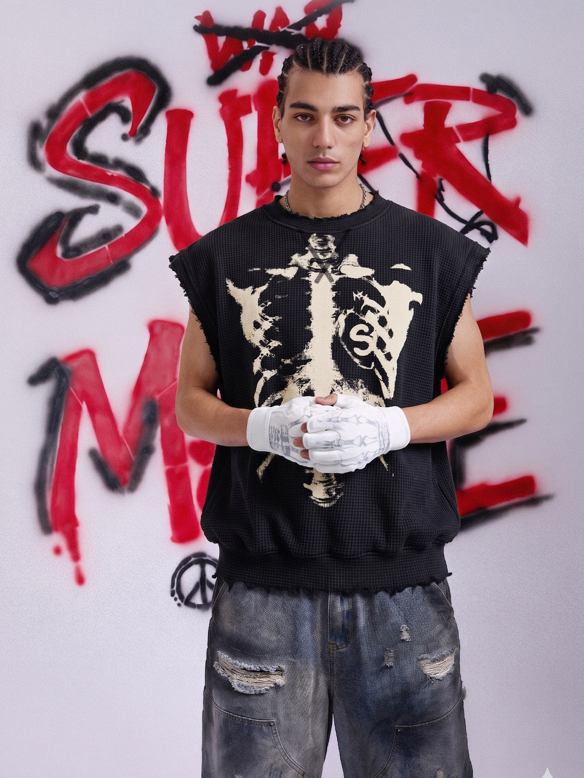 Vintage Skeleton Graphic Waffle Knit Sleeveless Vest - Image 5