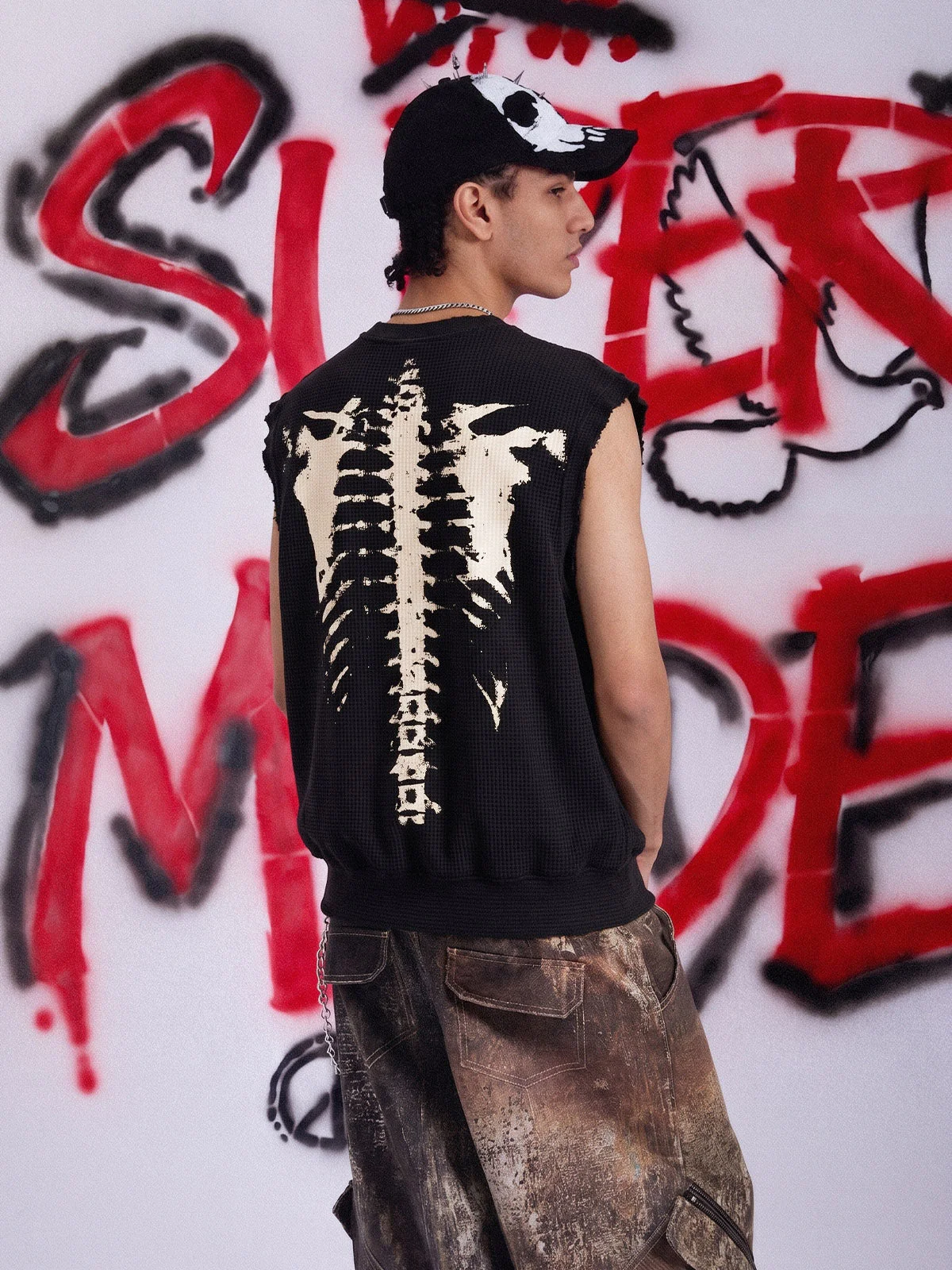 Vintage Skeleton Graphic Waffle Knit Sleeveless Vest - Image 6