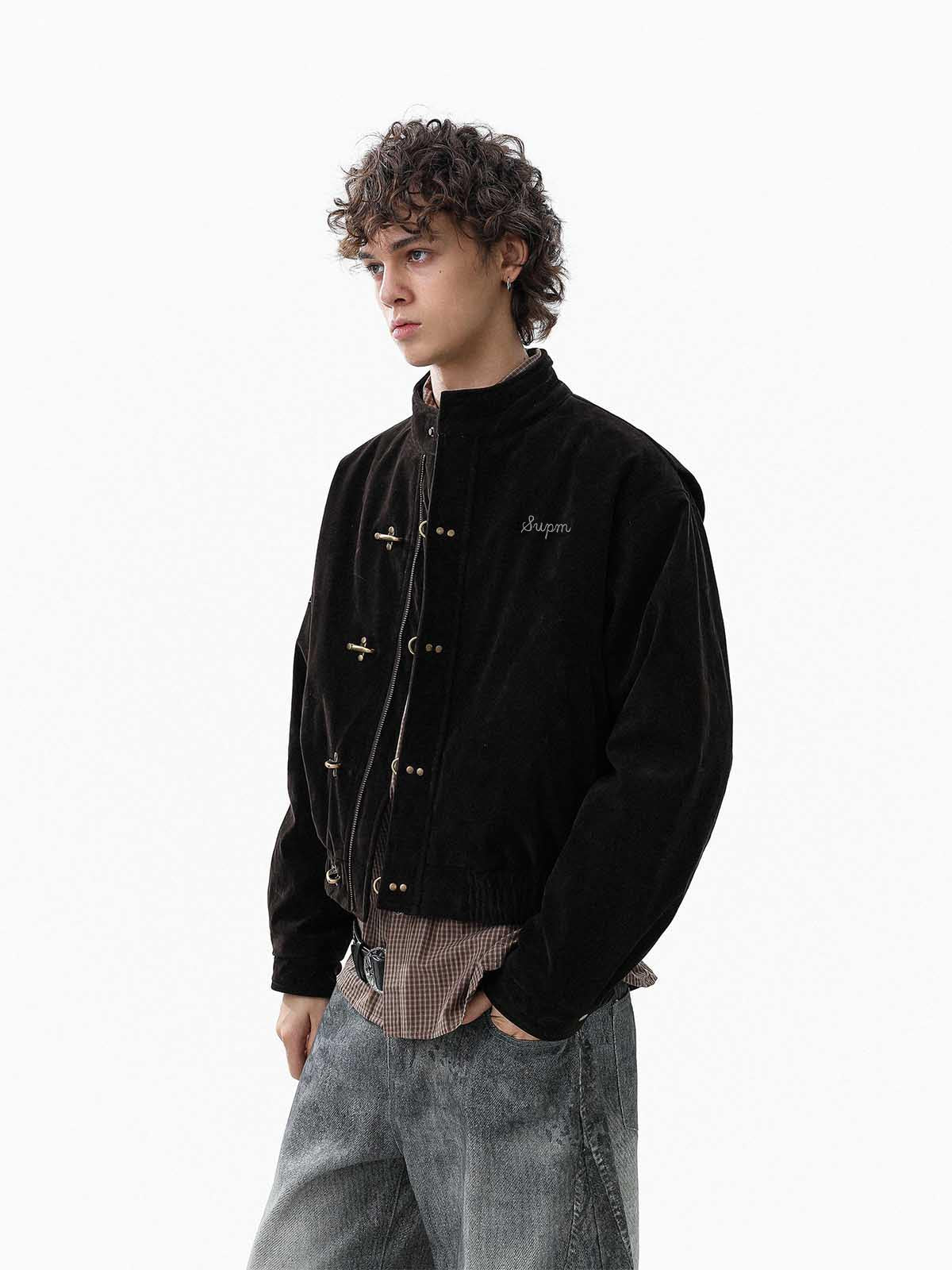 Vintage Suede Embroidered Metal Clip Down Jacket - 2626