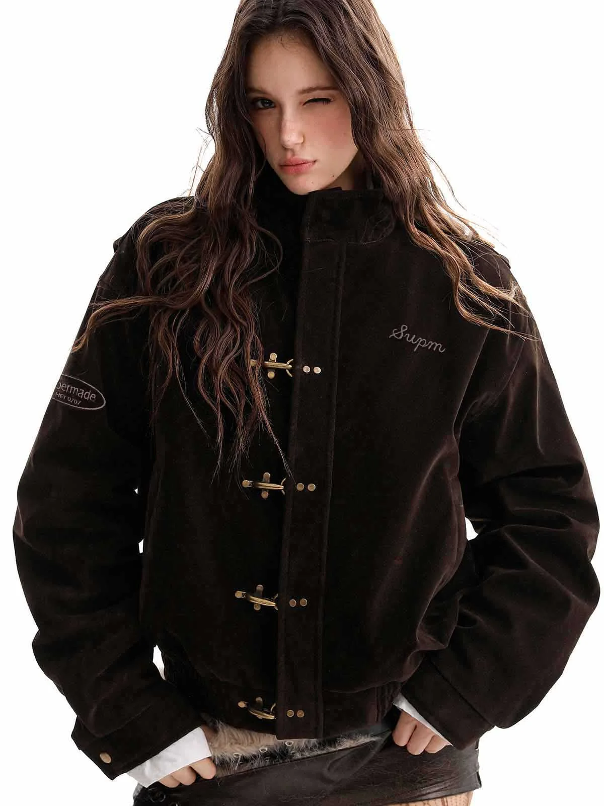 Vintage Suede Embroidered Metal Clip Down Jacket - 2626 - Image 8