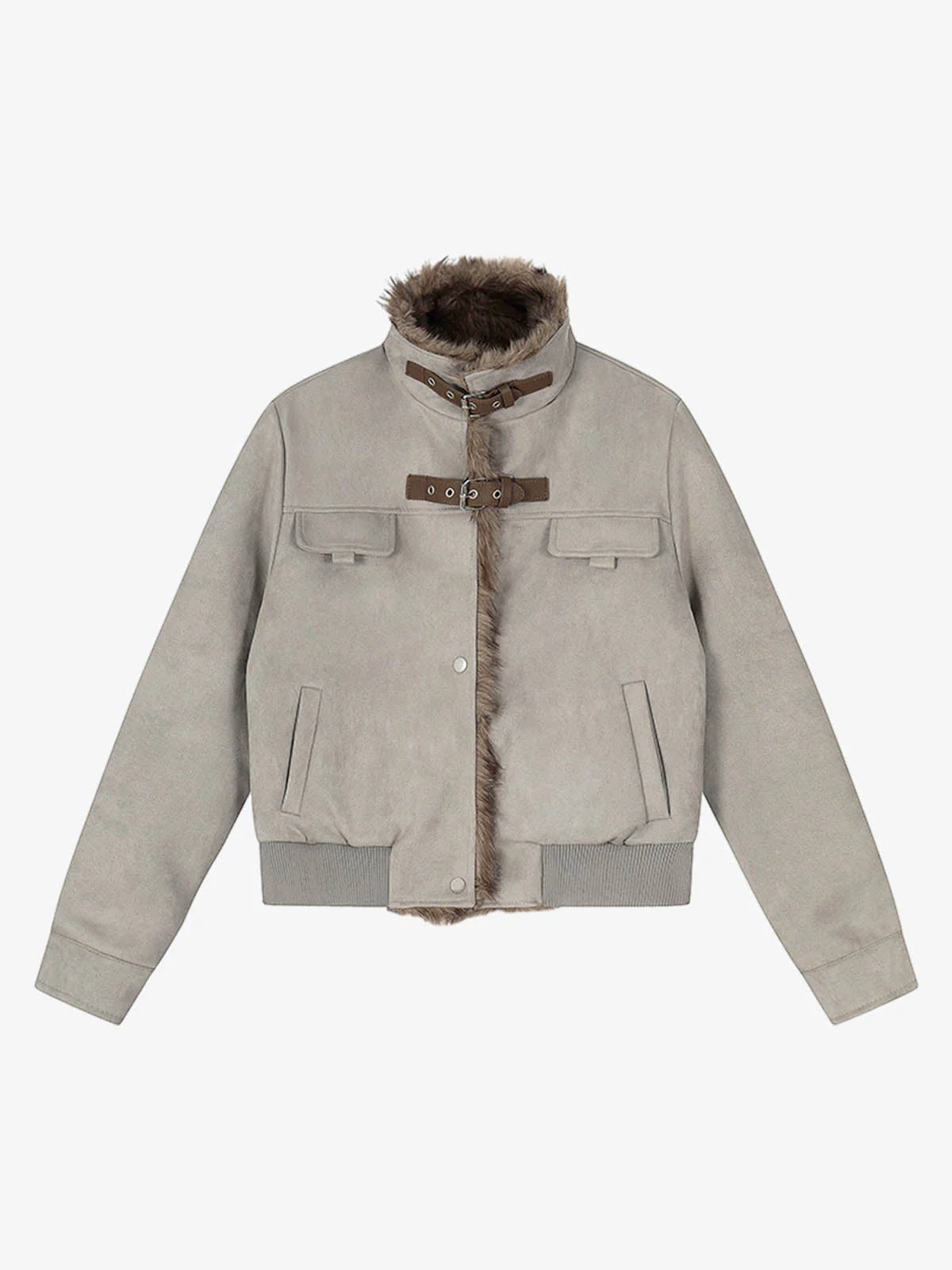 Vintage Suede Faux Fur Lined Buckle Bomber Jacket