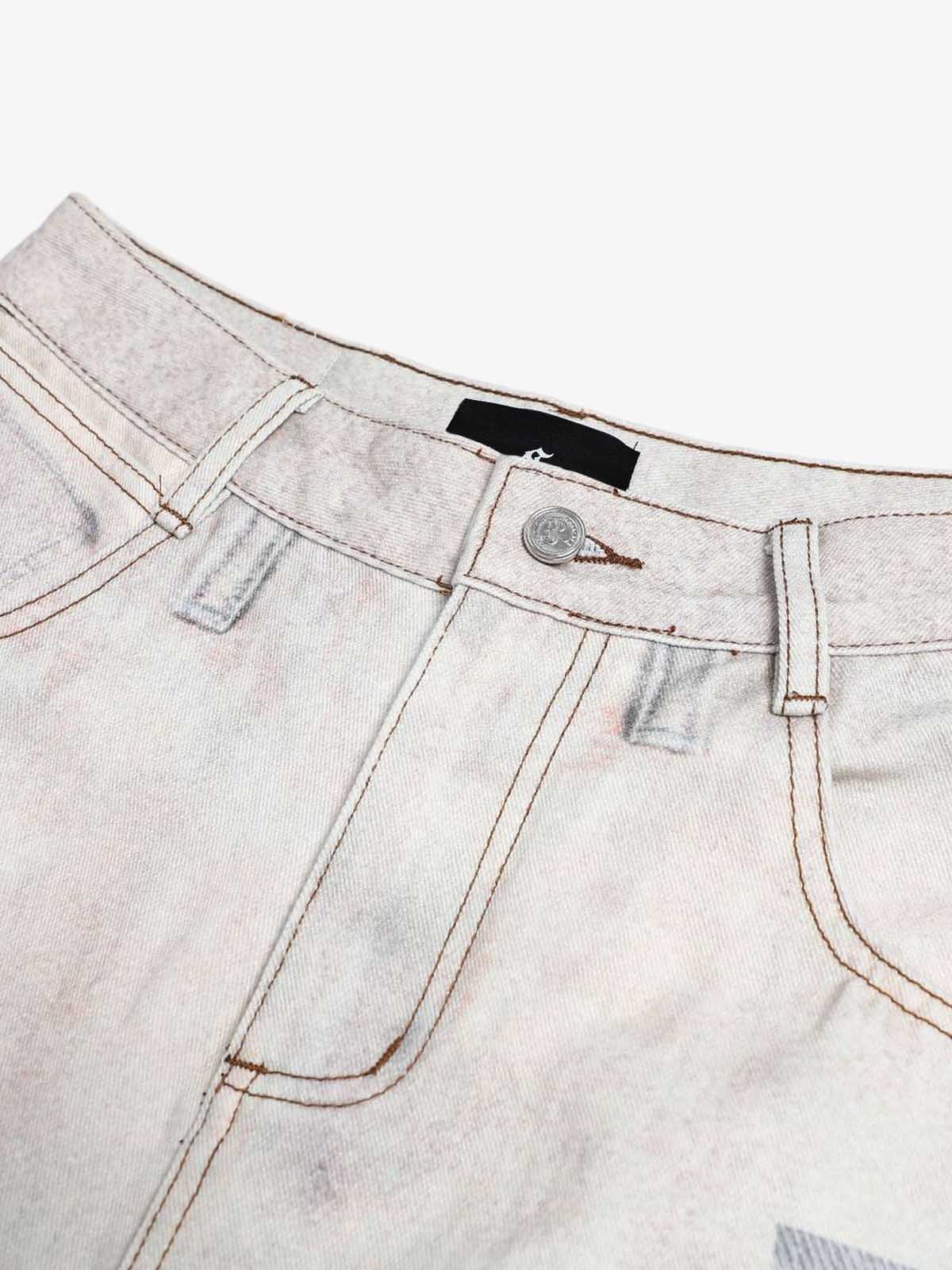 Vintage Wash Collage Print Curved Leg Denim Jeans - Image 13