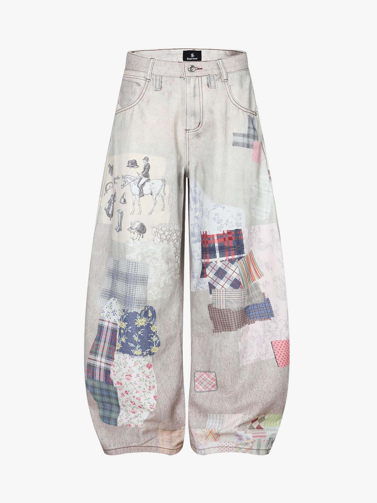 Vintage Wash Collage Print Curved Leg Denim Jeans - Image 2