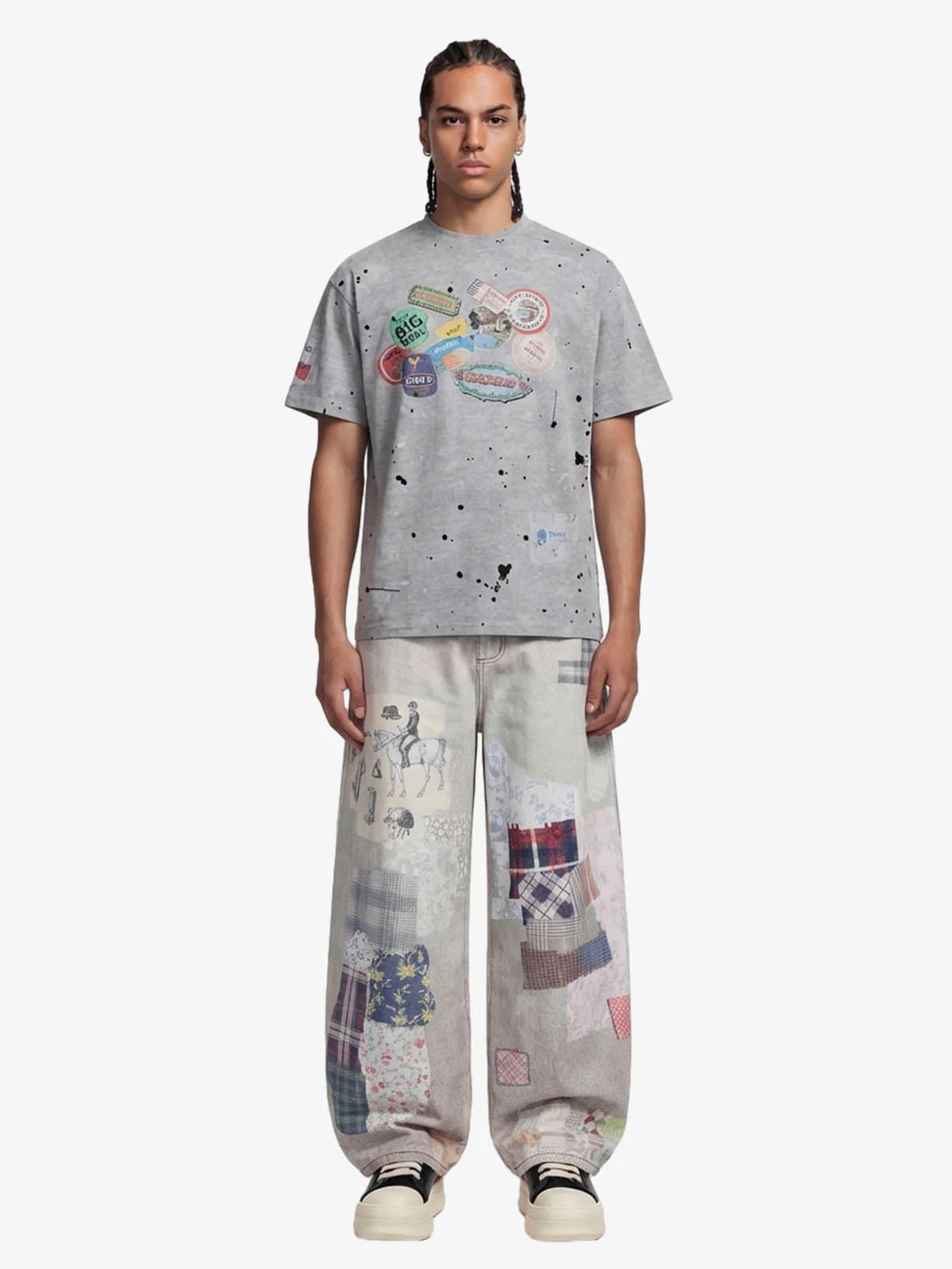 Vintage Wash Collage Print Curved Leg Denim Jeans - Image 4