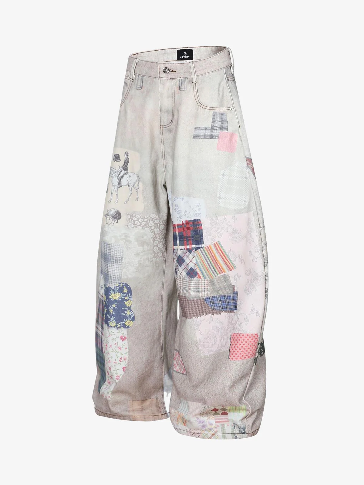 Vintage Wash Collage Print Curved Leg Denim Jeans - Image 7