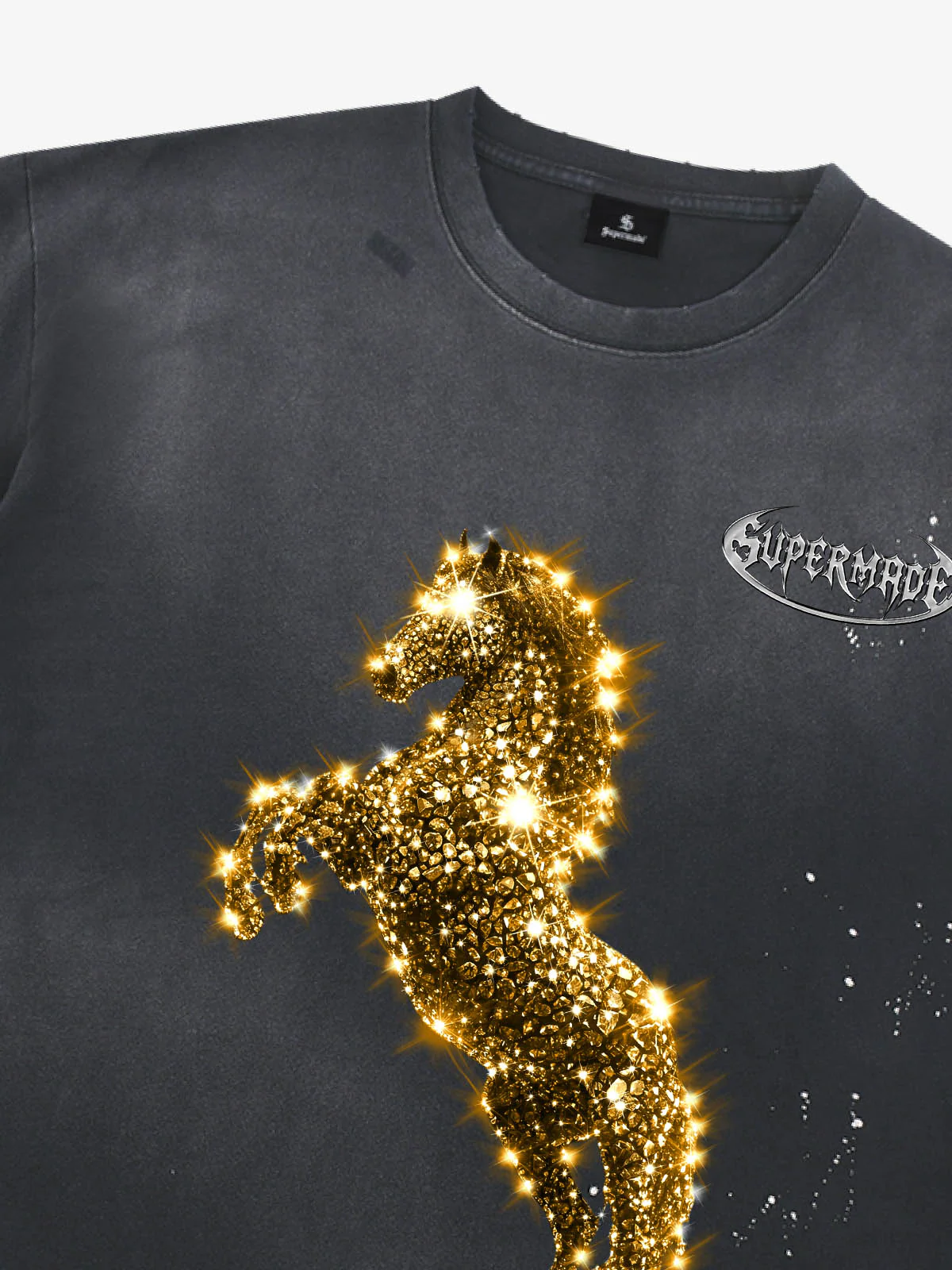 Vintage Wash Glitter Horse Pattern Splash Ink T-Shirt - Image 10