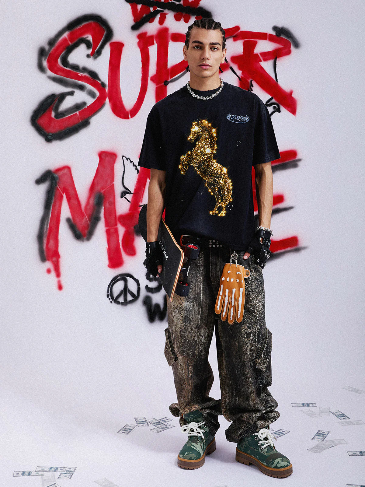 Vintage Wash Glitter Horse Pattern Splash Ink T-Shirt - Image 5