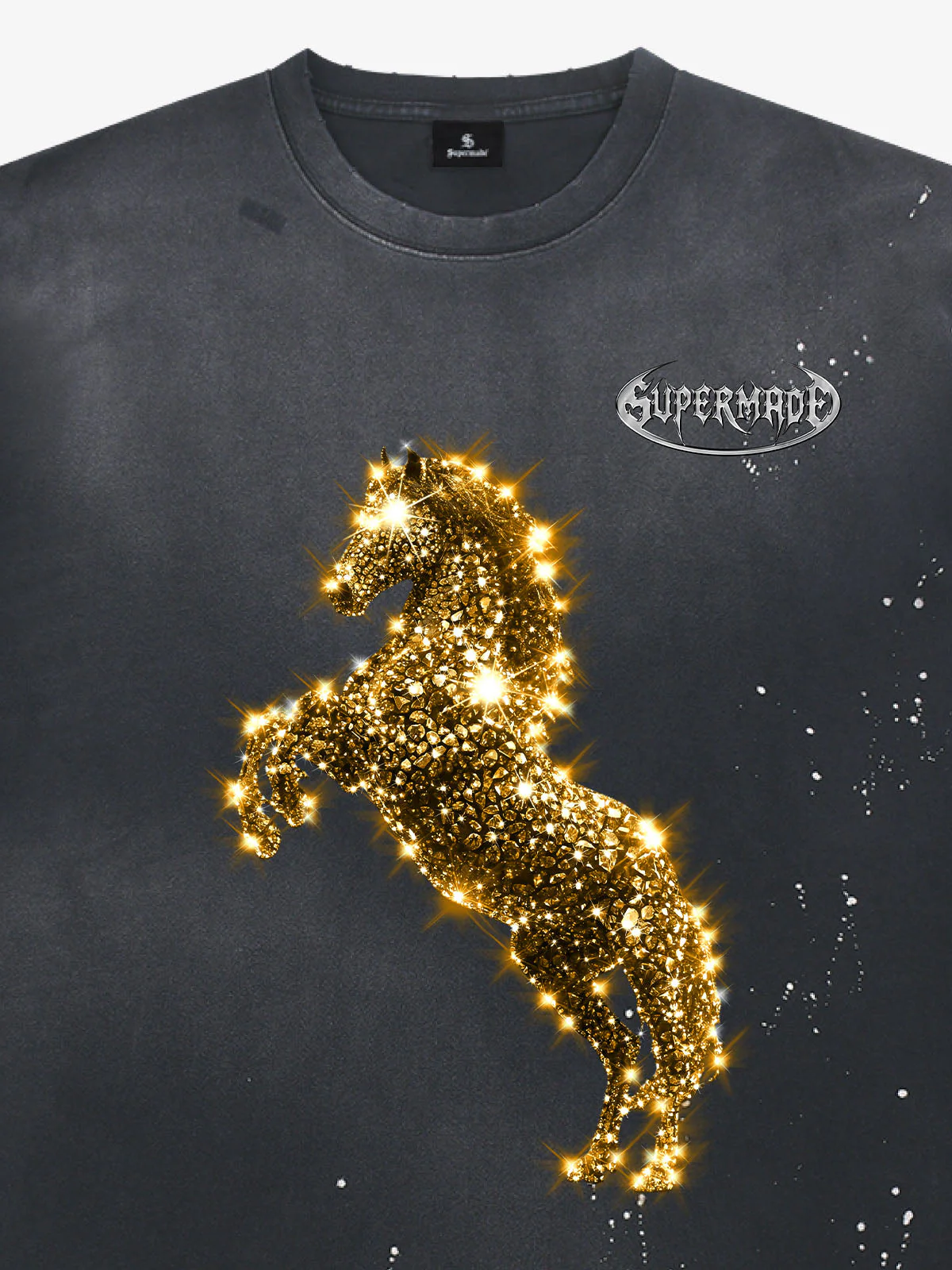 Vintage Wash Glitter Horse Pattern Splash Ink T-Shirt - Image 9
