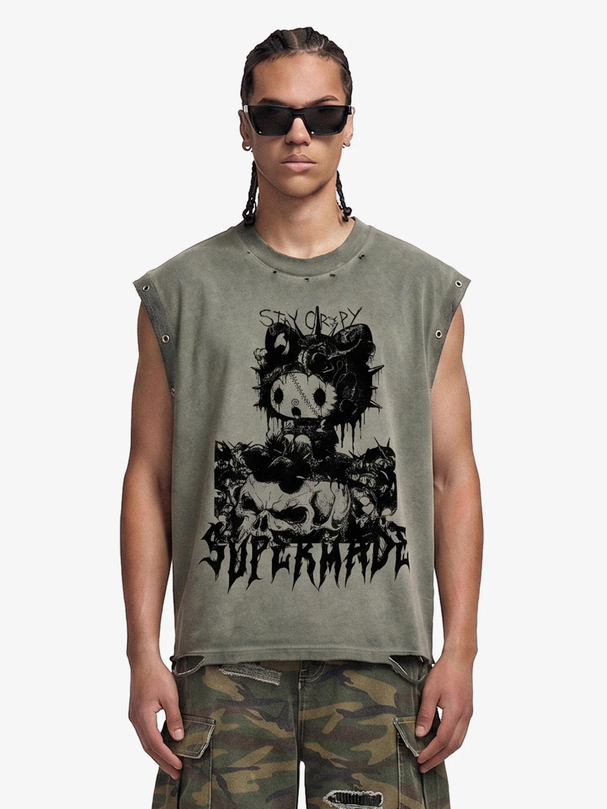 Vintage Washed Dark Cute Graphic Sleeveless T-Shirt