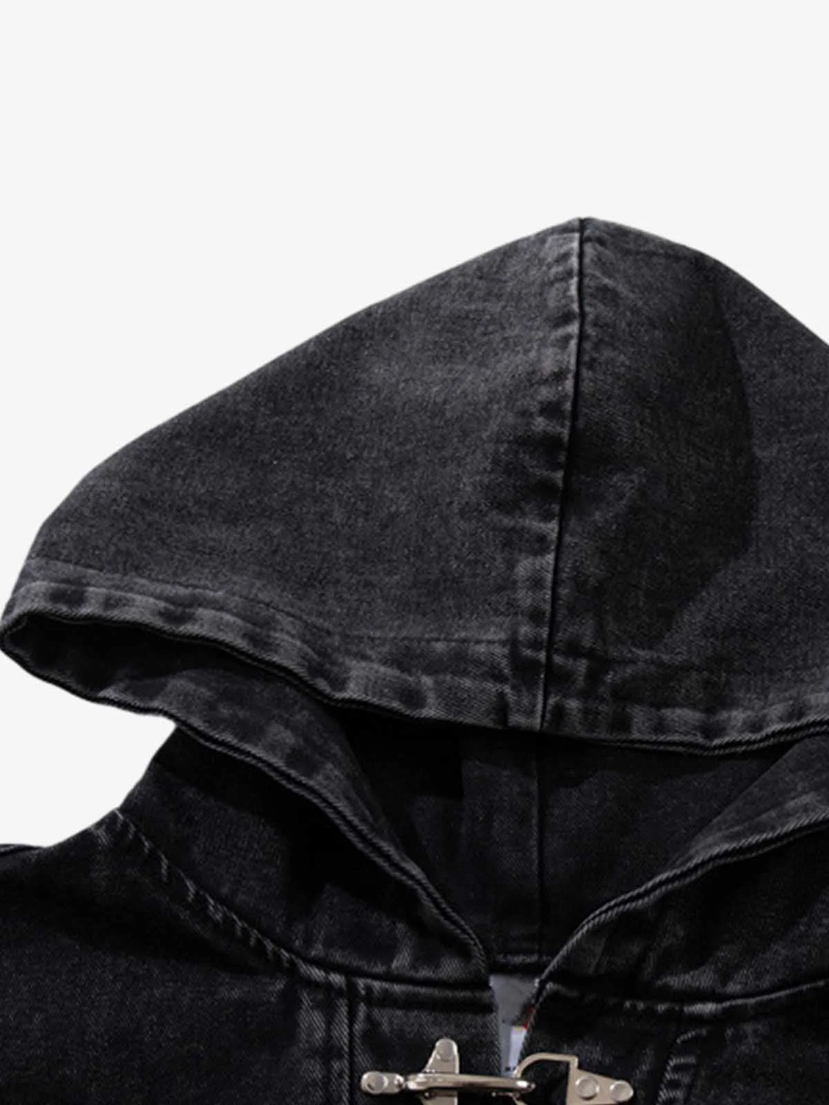 Vintage Washed Denim Metal Toggle Detail Pullover Hoodie - Image 3