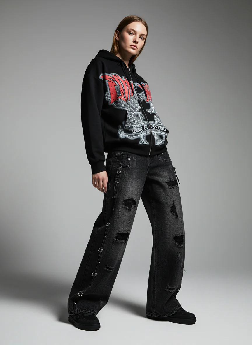 Vintage Washed Distressed Metal Ring Baggy Jeans - Image 5