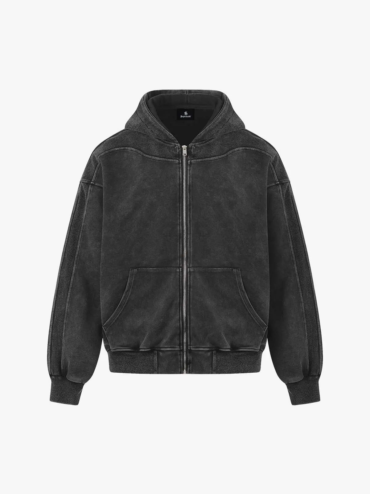 Vintage Washed Panel Construction Zip-Up Hoodie - Image 2