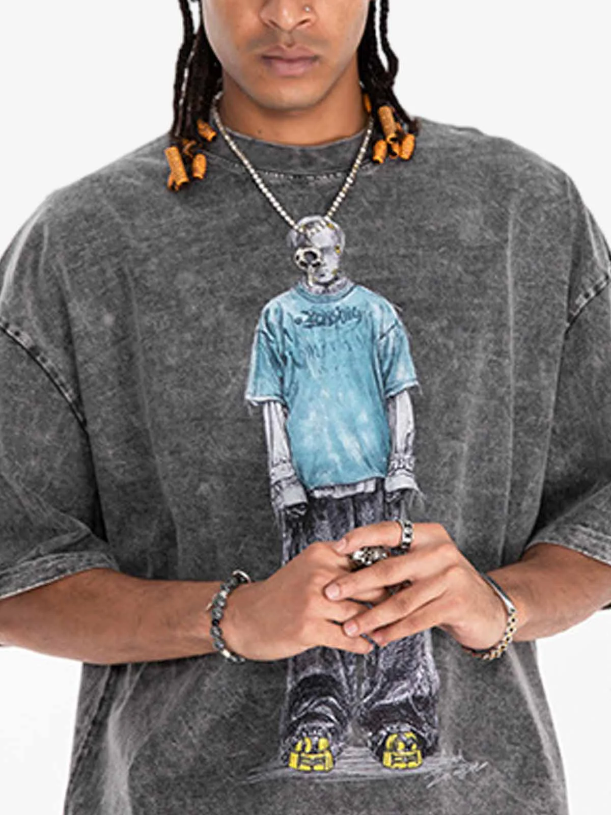 Vintage Washed Skeleton Graphic Oversized T-Shirt - Image 11