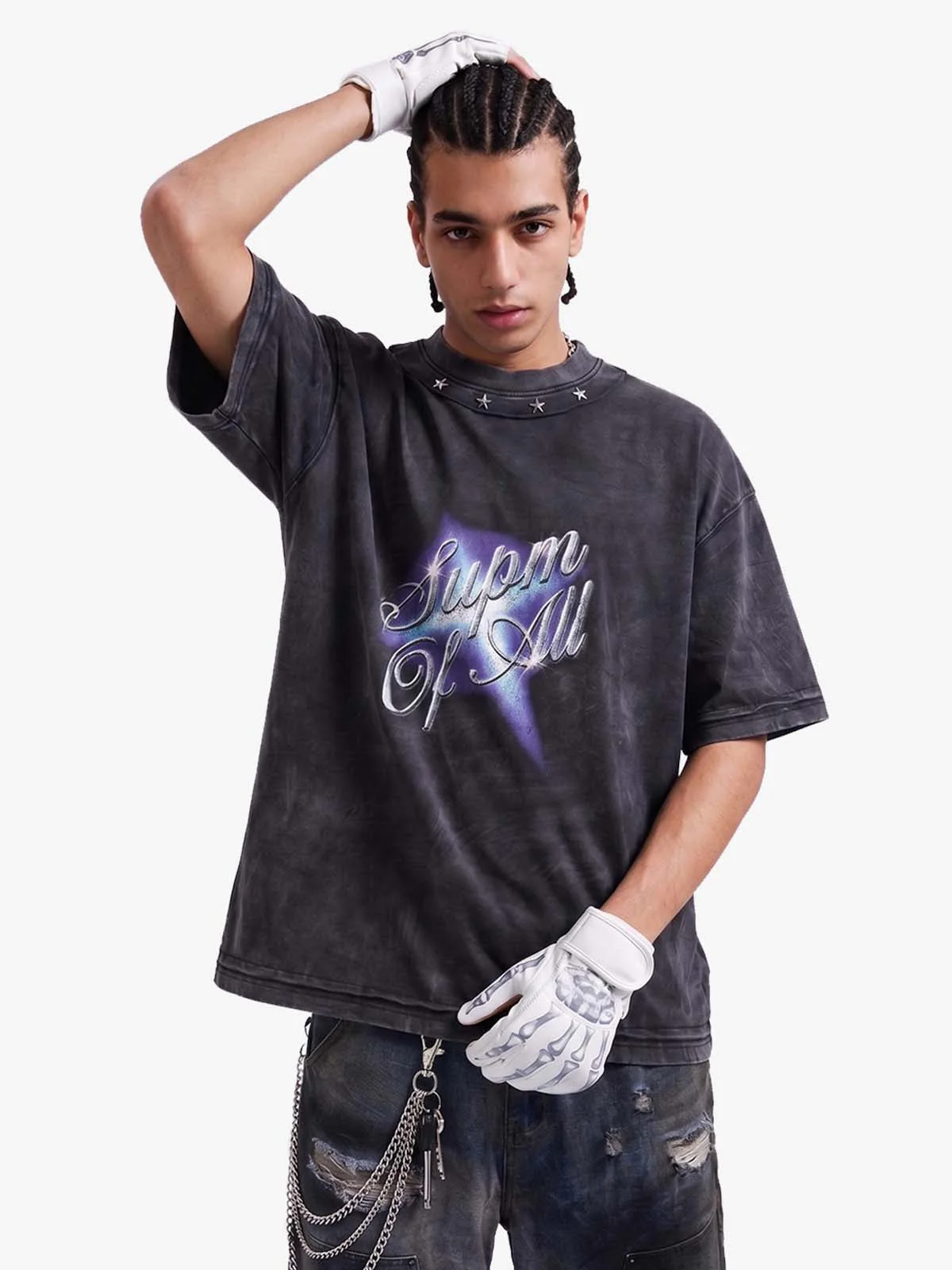 Vintage Washed Star Stud Collar Graphic T-Shirt